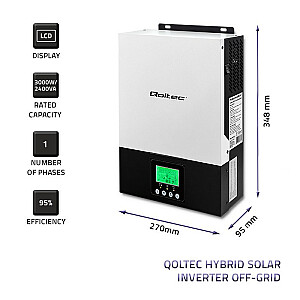 Qoltec 53876 Off-grid hibrīds saules invertors 2,4kw | 80A | MPPT | Sinus