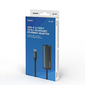 Adapteris SAVIO USB-C 3.1 Gen.1 (M) uz RJ-45 Gigabit Ethernet (F), 1000 Mbps, AK-56, pelēks
