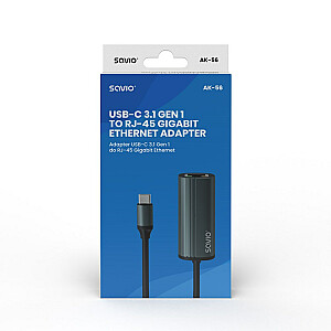 Adapteris SAVIO USB-C 3.1 Gen.1 (M) uz RJ-45 Gigabit Ethernet (F), 1000 Mbps, AK-56, pelēks