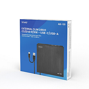 SAVIO AK-59 ārējais plāns CD/DVD ierakstītājs R/RW — USB-C/USB-A, melns