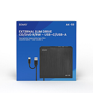 SAVIO AK-59 ārējais plāns CD/DVD ierakstītājs R/RW — USB-C/USB-A, melns