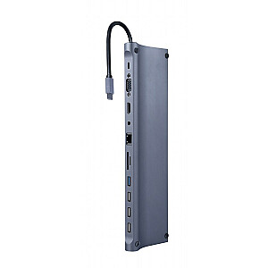 Gembird A-CM-COMBO11-01 11-in-1 USB Type-C daudzportu adapteris (USB centrmezgls + HDMI + VGA + PD + karšu lasītājs + LAN + 3,5 mm audio), kosmosa pelēks