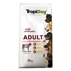TROPIDOG Premium Adult Vidēja un liela liellopu gaļa ar rīsiem — sausā barība suņiem — 12 kg