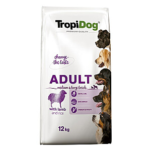 TROPIDOG Premium Adult Vidēja un liela jēra gaļa ar rīsiem — sausā barība suņiem — 12 kg