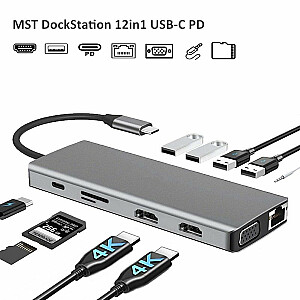 RoGer MST Dock Station 12in1 Lite Klēpjdatora dokstacija USB-C uz 2x HDMI / 4x USB3.0 / SD/TF / VGA / LAN