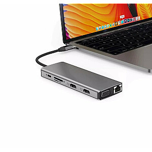 RoGer MST Dock Station 12in1 Lite Klēpjdatora dokstacija USB-C uz 2x HDMI / 4x USB3.0 / SD/TF / VGA / LAN