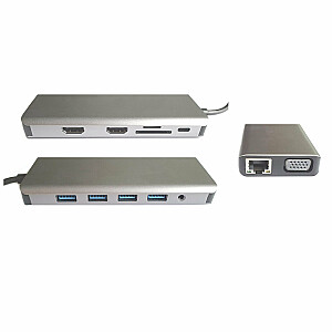 RoGer MST Dock Station 12in1 Lite Klēpjdatora dokstacija USB-C uz 2x HDMI / 4x USB3.0 / SD/TF / VGA / LAN