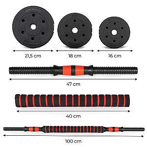 Regulējamas hanteles: 2 stieņi pa 15 kg, stienis 30 kg