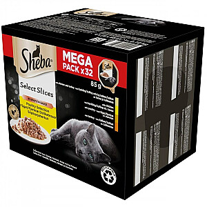 SHEBA paplātes mērce Mājputnu gaļa/vista/tītara gaļa - mitrā kaķu barība - 32x85g