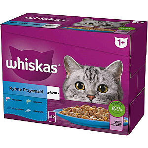 WHISKAS želejas paciņas, garšas: baltā zivs, menca, lasis, tuncis - mitrā barība kaķiem - 12x85g