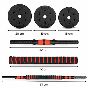 Regulējamas hanteles: 2 stieņi pa 10 kg, stienis 20 kg.