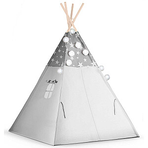 Teepee telts bērniem ar vītni un apgaismojumu Nukido - pelēka ar zvaigznēm