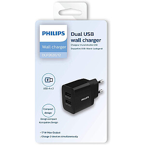 Philips DLP2620|12 зарядное устройство с двумя портами USB 17 Вт | 2,4 А, черное