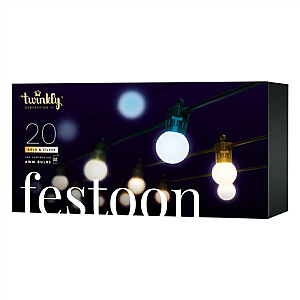 Twinkly Festoon Smart LED Lights 40 AWW (Amber+White) G45 bulbs, 20m