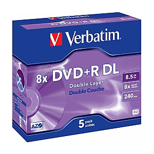 Matricas DVD+R DL Verbatim 8,5 ГБ, двухслойные, 8x AZO, 5 упаковок Jewel