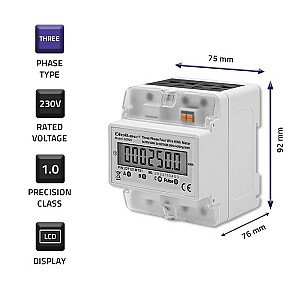 Qoltec 50900 Trīsfāzu elektroniskais elektrības skaitītājs | 230V | LCD | 4P | DIN sliede