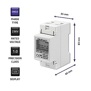 Qoltec 50899 Vienfāzes elektroniskais enerģijas skaitītājs | 230 V | LCD | 2P | DIN sliede