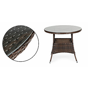 Rotangpalmas dārza mēbeļu komplekts ar 4 krēsliem un galdu ar stikla virsmu.