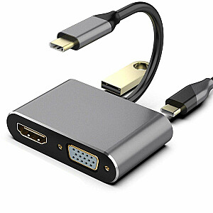 RoGer USB-C Multimediju adapteris HDMI 4K@30Hz / VGA 1080p / USB 3.0 / USB-C PD / Peleks