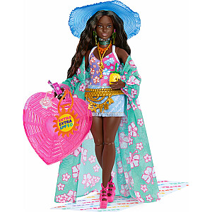 Barbie Mattel Doll Barbie Extra Fly Beach Lelle pastaigā ar pludmales apģērbu + cepuri, tropu lietusmēteli un somu HPB14