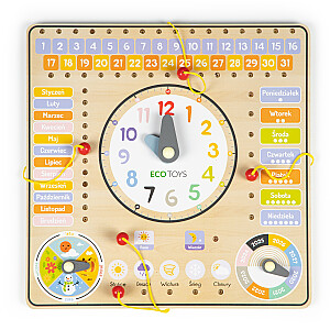 Koka manipulāciju dēlis ar kalendāru un pulksteni