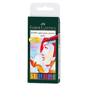 Flomasteri ar otas uzgali Faber-Castell Pitt Artist Pen, 6 gab. pamata krāsu asorti