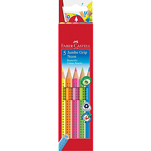 Trīsstūrveida krāsainie zīmuļi Faber-Castell Jumbo Grip neon, 5 krāsas