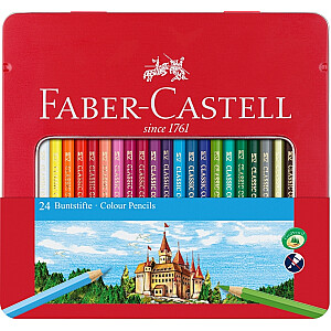 Krāsainie zīmuļi Faber-Castell Classic, 24 krāsas, metāla kārbā