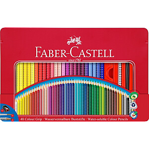 Krāsainie zīmuļi Faber-Castell Grip, metāla kastē, 48 krāsas