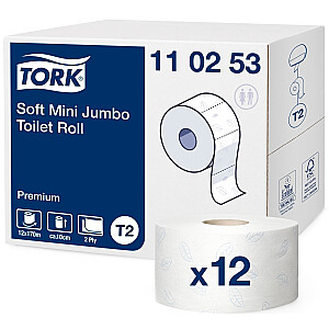 Tualetes papīrs Tork 110253 Premium Soft Jumbo Mini T2, balts,  2 slāņi, 170 m, 1214 lapas, 12 ruļļi