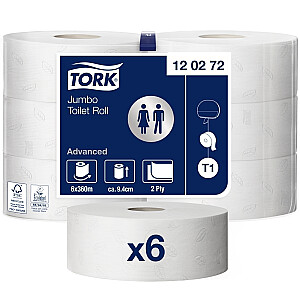 Туалетная бумага Tork 120272 Advanced Jumbo T1, белая, 2 слоя, 360 м, 1800 листов, 6 рулонов