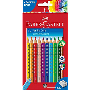 Trīsstūrveida krāsainie zīmuļi Faber-Castell Jumbo Grip 12 krāsas ar asināmo