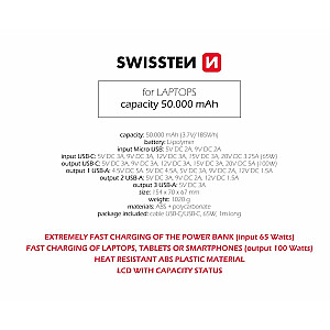Swissten Power Line Power Bank 50000mAh 100W Power Delivery melns